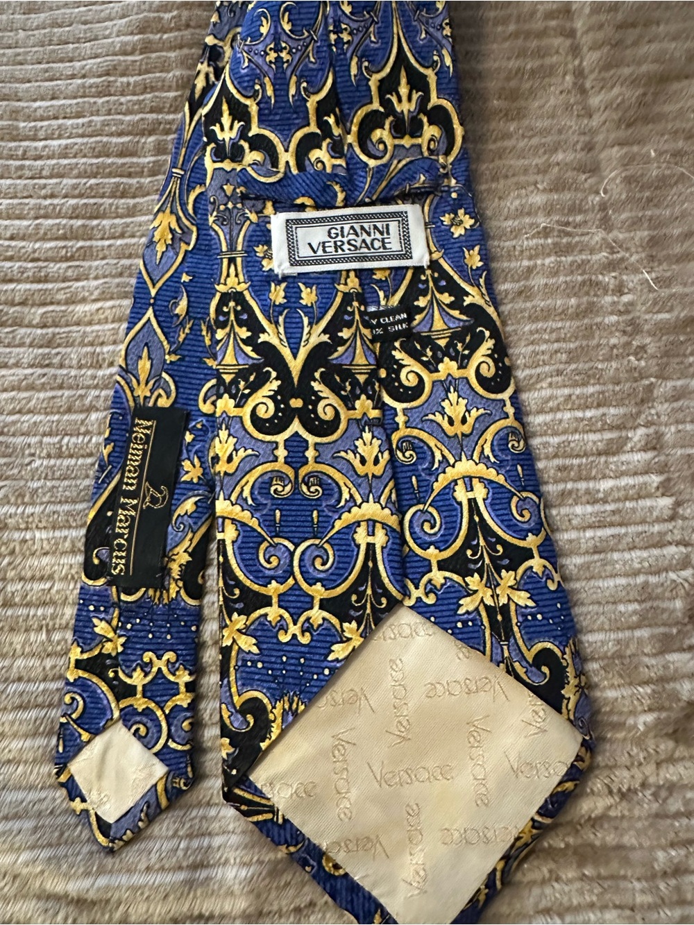 Versace Blue and Gold Baroque Silk Tie with Black Accents